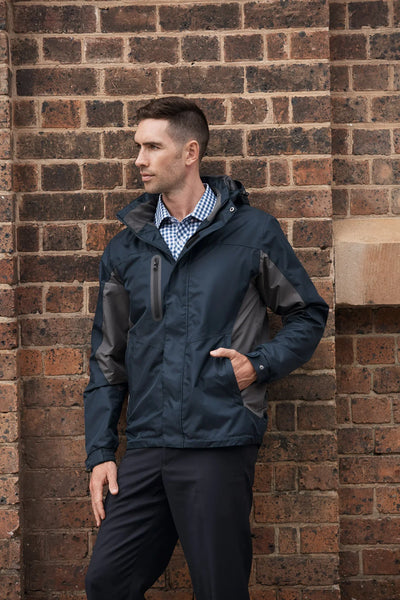 Dark navy Sheffield mens jacket with black panels and hood