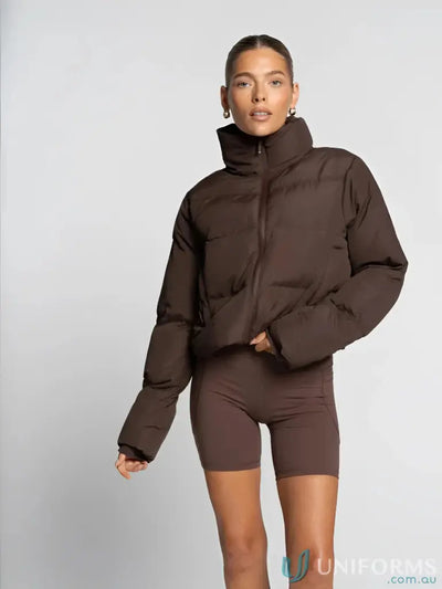 A sleek chocolate-brown short puffer jacket with high collar and zipper perfect for workwear and uniforms