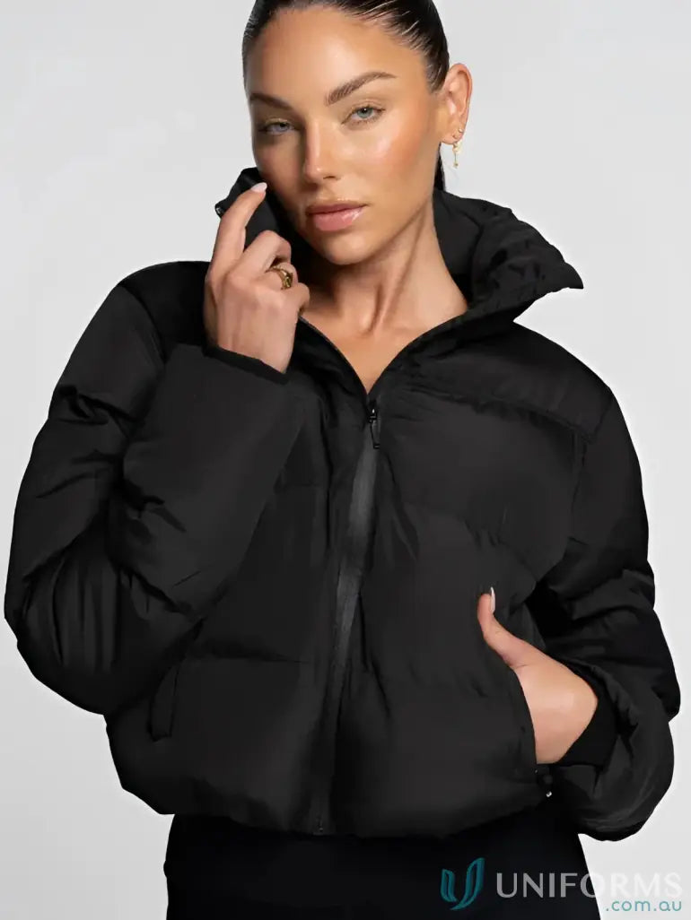 Short puffer onyx jacket black quilted puffer with high collar perfect for workwear and work uniforms