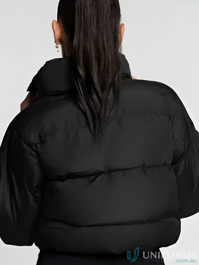 Black short puffer onyx jacket with high collar and quilted design perfect for workwear and uniforms