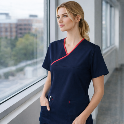 Sien womens contrast scrub top in navy with red trim