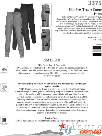 SlimFlex Tradie Cargo Pants with sun protection, eco-friendly dye, and stretch fabric