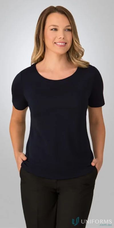 Smart Knit Short Sleeve uniform top for women with stretch fabric and navy short sleeves
