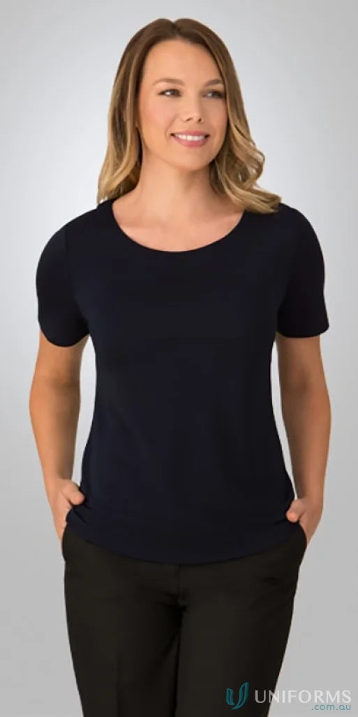 Smart Knit Short Sleeve uniform top for women with stretch fabric and navy short sleeves