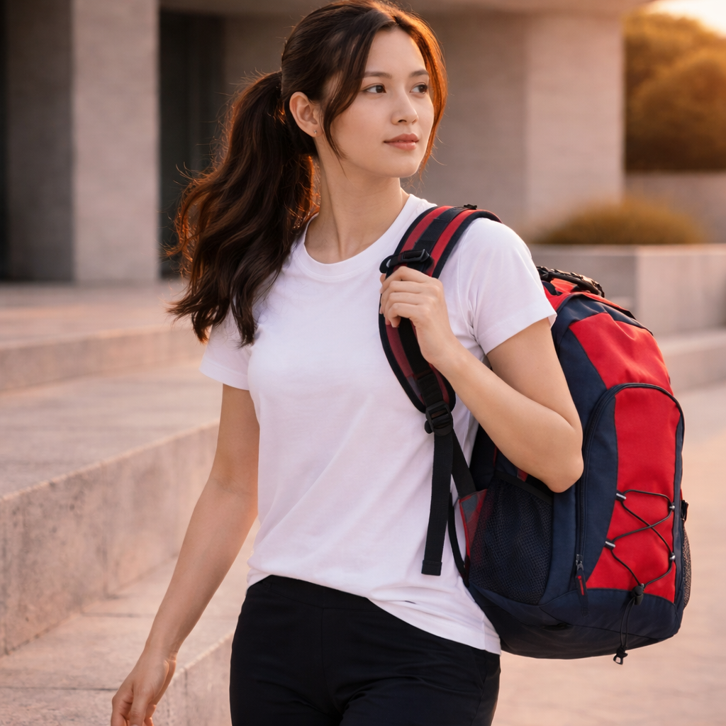 Red and navy Smartpack Backpack with black straps, ultimate solution