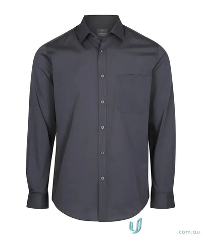 Mens dark grey long sleeve easy iron dress shirt with front pocket for uniforms