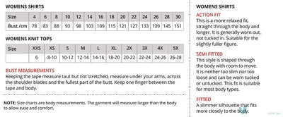 SoEzy Top clothing size chart and fit guide for work uniforms and workwear