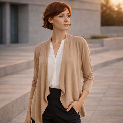 Sofia waterfall cardigan in beige with soft drape and long sleeves
