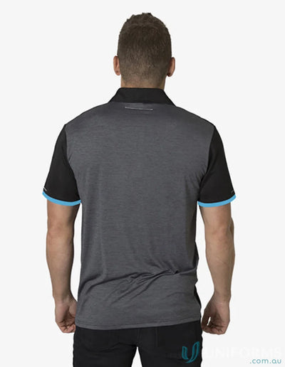 Gray and black polo shirt from Soft Touch Stripe Polo with aegis microbe shield and cooldry moisture management