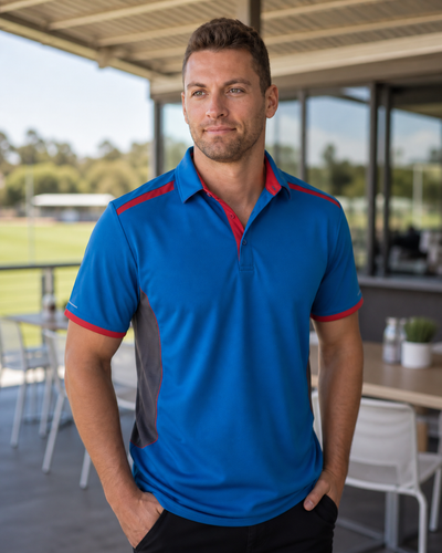 Male model wearing Soft Touch Stripe Polo
