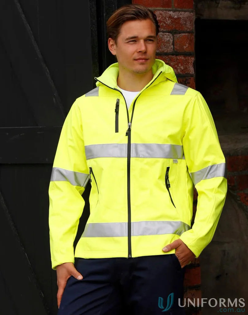 Bright yellow softshell heavy duty safety jacket with reflective stripes for weather protection