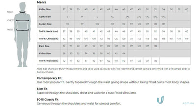 Men’s clothing size chart for SOHO Dot Print LS Shirt with silk protein finish