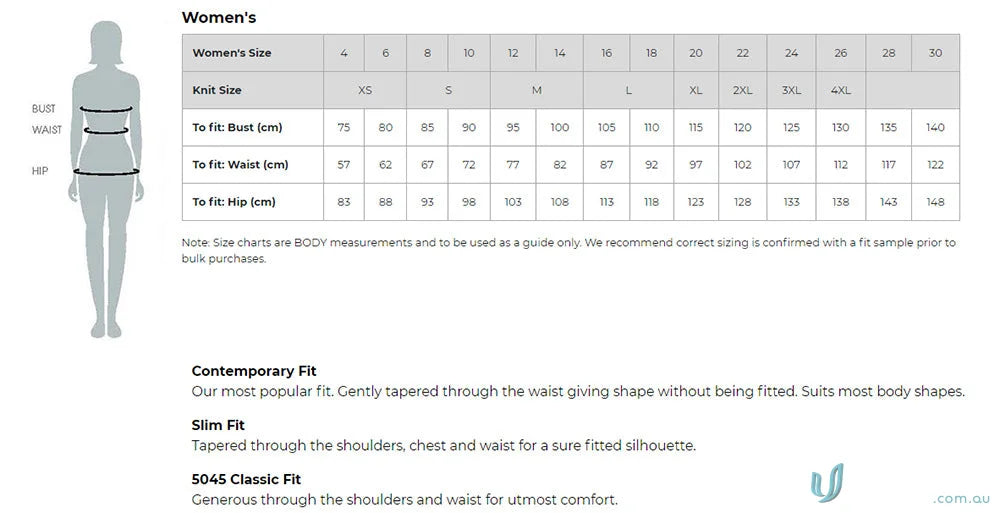 Women’s clothing size chart with measurements for SOHO Ladies Dot Print 3Qtr Shirt featuring easy iron silk protein fit