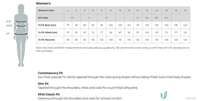 Women’s clothing size chart with measurements for SOHO Ladies Dot Print 3Qtr Shirt featuring easy iron silk protein fit
