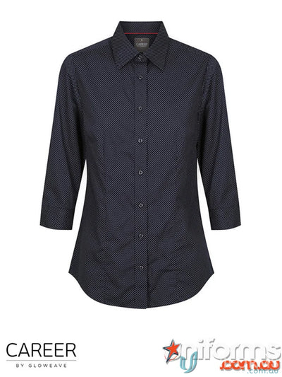 SOHO Ladies Dot Print 3Qtr Shirt with easy iron navy blue silk protein fabric