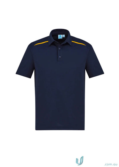 Navy blue Sonar Polo from our collection sonar polo with gold shoulder accents and bizcool contrast panels
