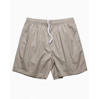 Beige drawstring swim trunks.