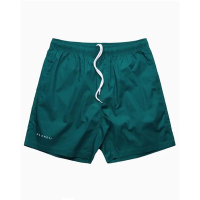 Teal lightweight sorrento beach shorts with white drawstring and planet branding perfect for casual work uniforms