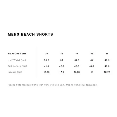 Men’s sorrento beach shorts size chart showing waist full length and inseam for sizes 30 to 38 ideal for work uniforms