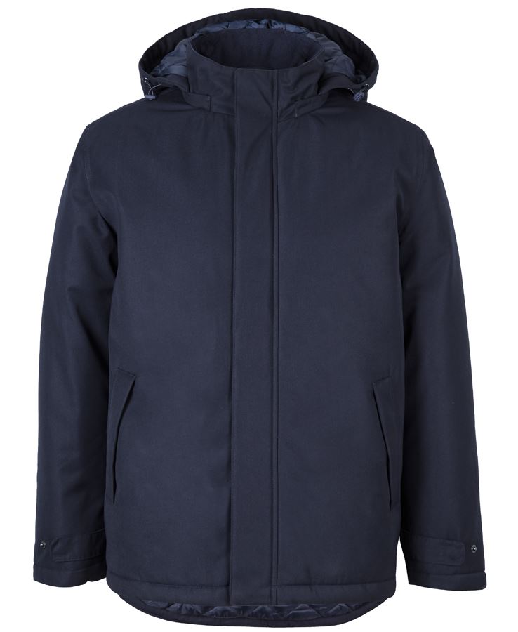 Dark navy Southern Lands Jacket with hooded waterproof design, textured pattern, adjustable sleeve openings