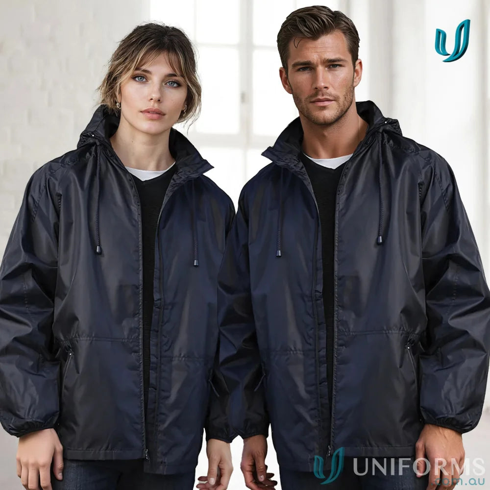 Matching navy hooded rain jackets from Biz Collection Unisex Spinnaker Jacket J833 for light rain