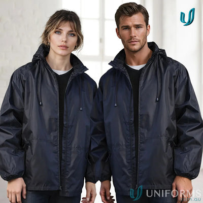 Matching navy hooded rain jackets from Biz Collection Unisex Spinnaker Jacket J833 for light rain
