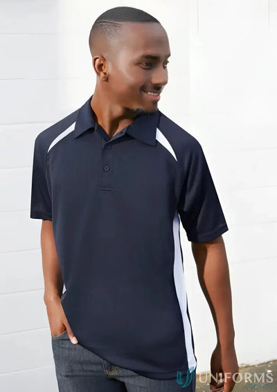 Mens navy blue splice polo shirt with white shoulder and side panels from Biz Collection Splice
