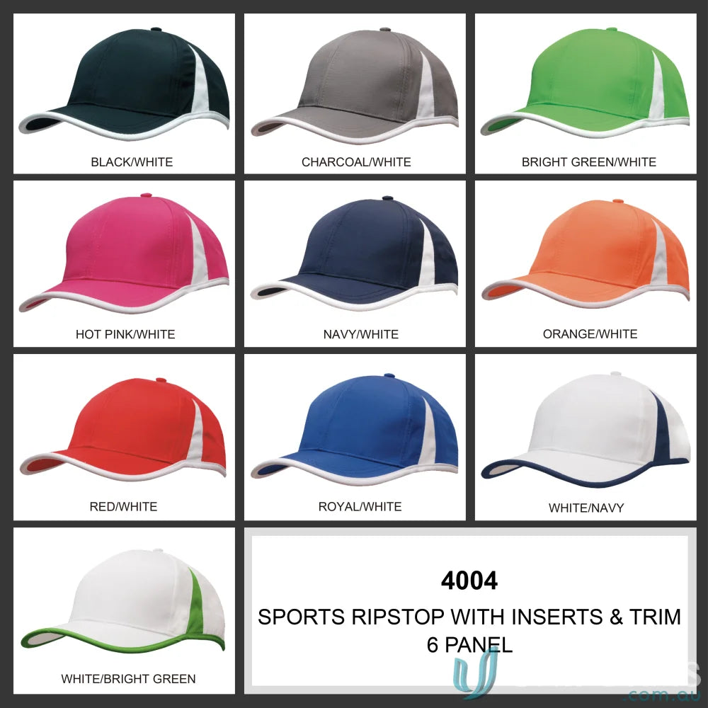Sports Ripstop with Inserts and Trim 6-panel caps in various colors, perfect for uniforms or workwear FAQs link included