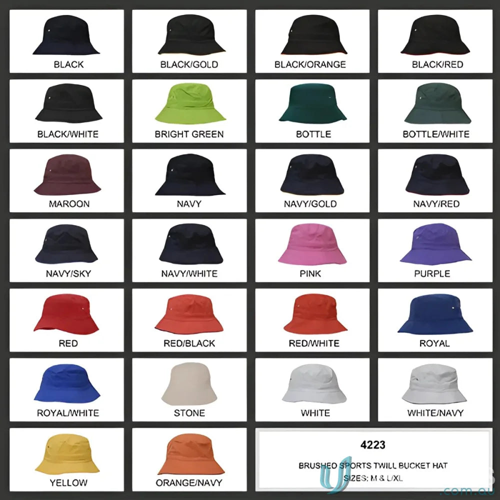 Colorful Sports Twill Bucket Hat collection showing casual twill bucket hats