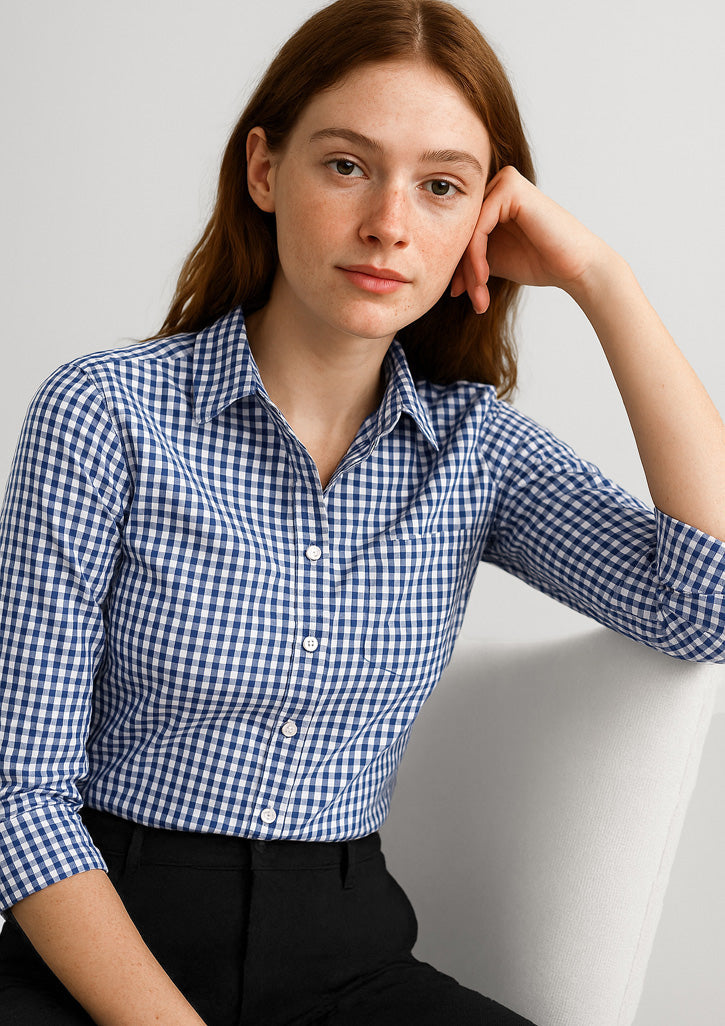 Springfield ladies shirt: blue white gingham check 3qtr sleeve shirt