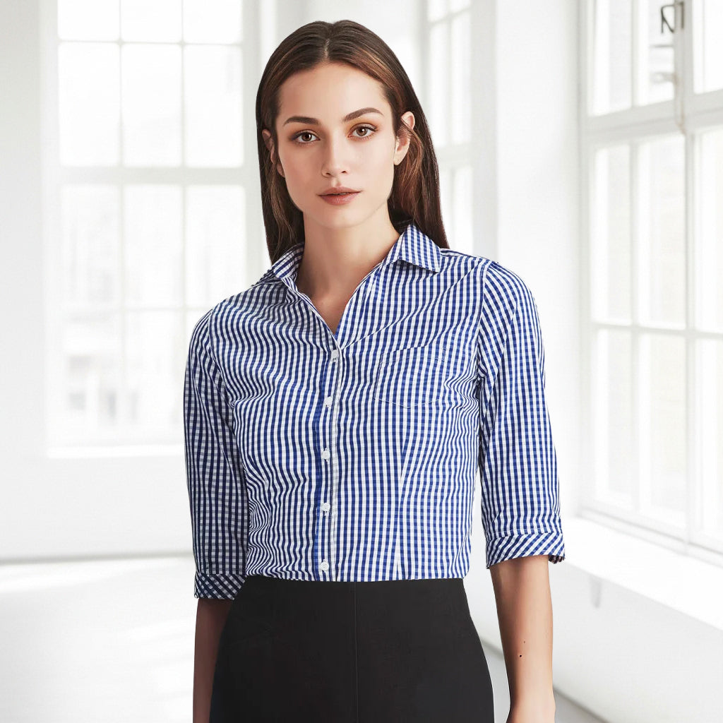 Springfield ladies shirt in blue white gingham 3qtr sleeves
