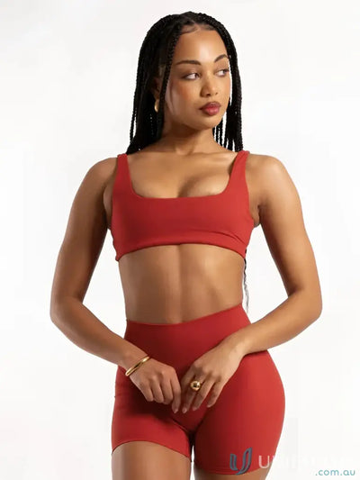 Red square neck cherry crop two-piece set with high-waisted shorts perfect for stylish work uniforms or casual workwear