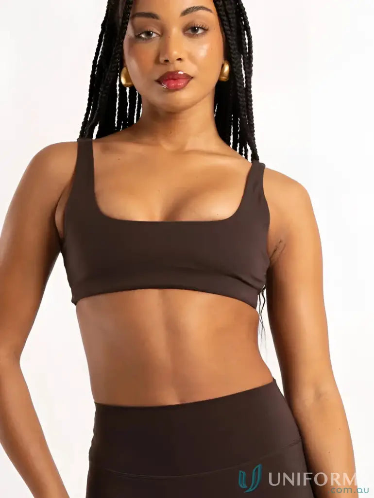 Brown seamless sports bra with square neckline and thin straps perfect for comfy work uniforms or casual workwear