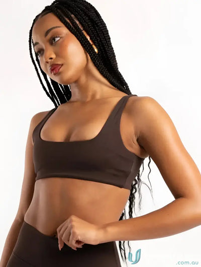 Brown seamless sports bra with wide shoulder straps and square neckline perfect for work uniforms or activewear