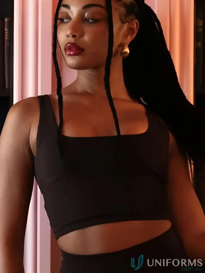 Black square neck crop top perfect for stylish work uniforms and modern workwear essentials