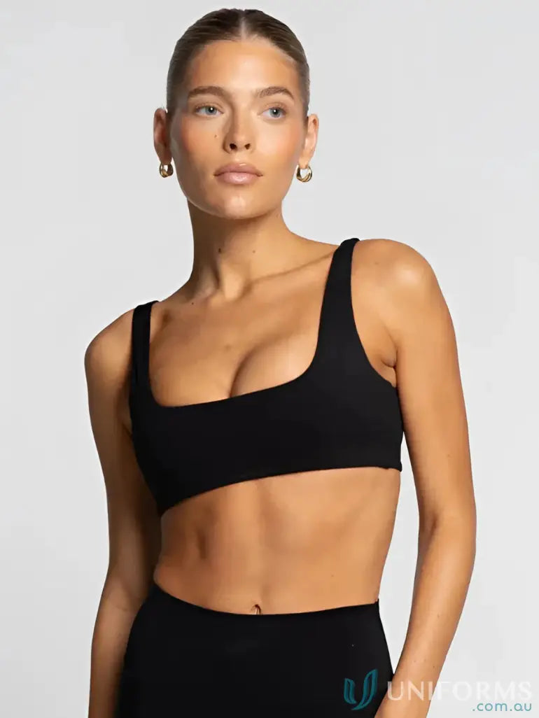 Black square neck sports bra with onyx crop design ideal for comfortable workwear and active uniforms
