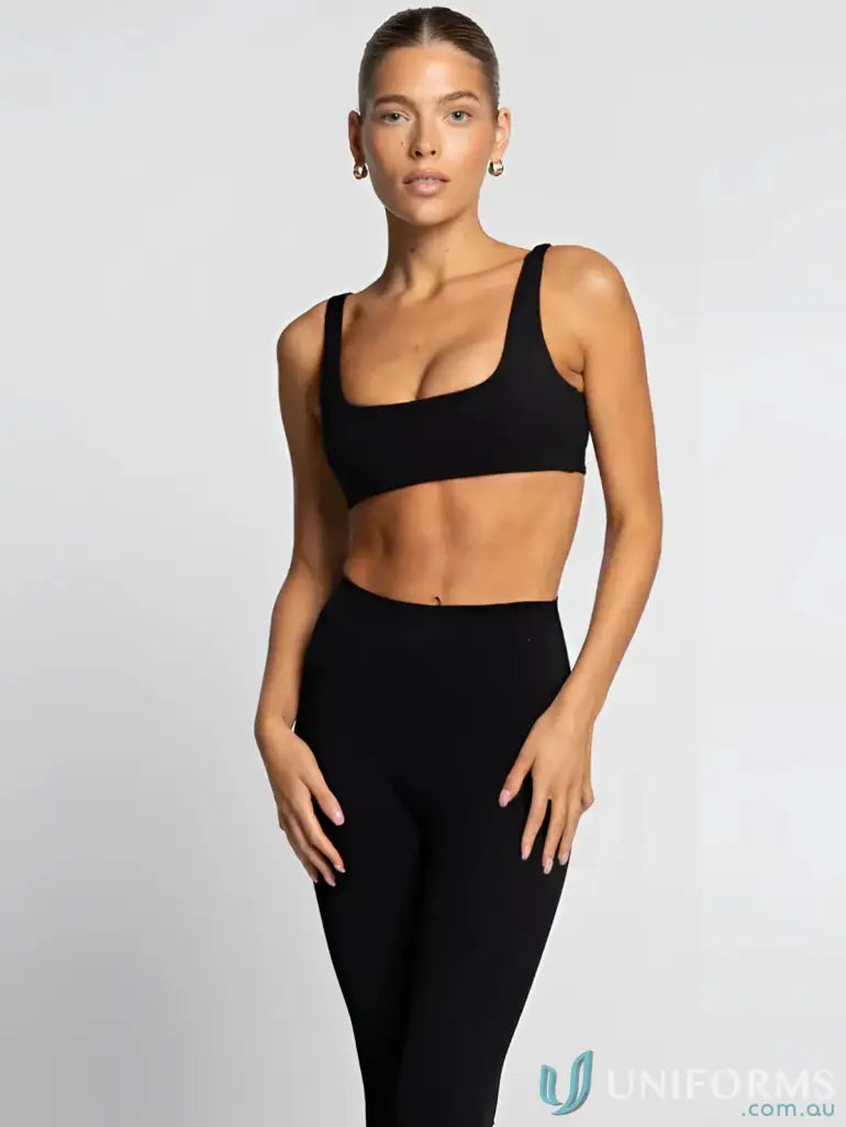 Black high waisted leggings with smooth stretch fabric perfect for workwear and comfortable work uniforms