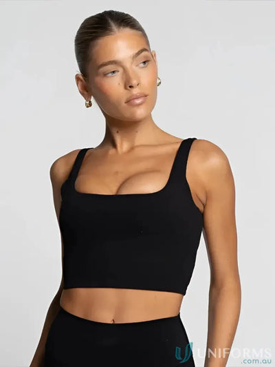 Black square neck crop top perfect for stylish workwear and casual uniforms with a sleek onyx tank design