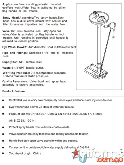 Emergency eye wash station in stainless steel for uniforms safety at your facility