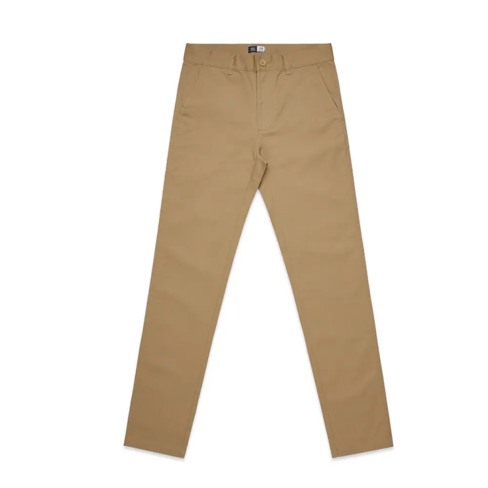 Khaki slim-fit chino pants with classic button and zipper closure perfect for workwear and uniforms
