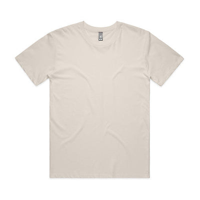 Cream-colored crew neck t-shirt with short sleeves and a relaxed fit.