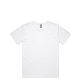 White t-shirt with crew neck and short sleeves.