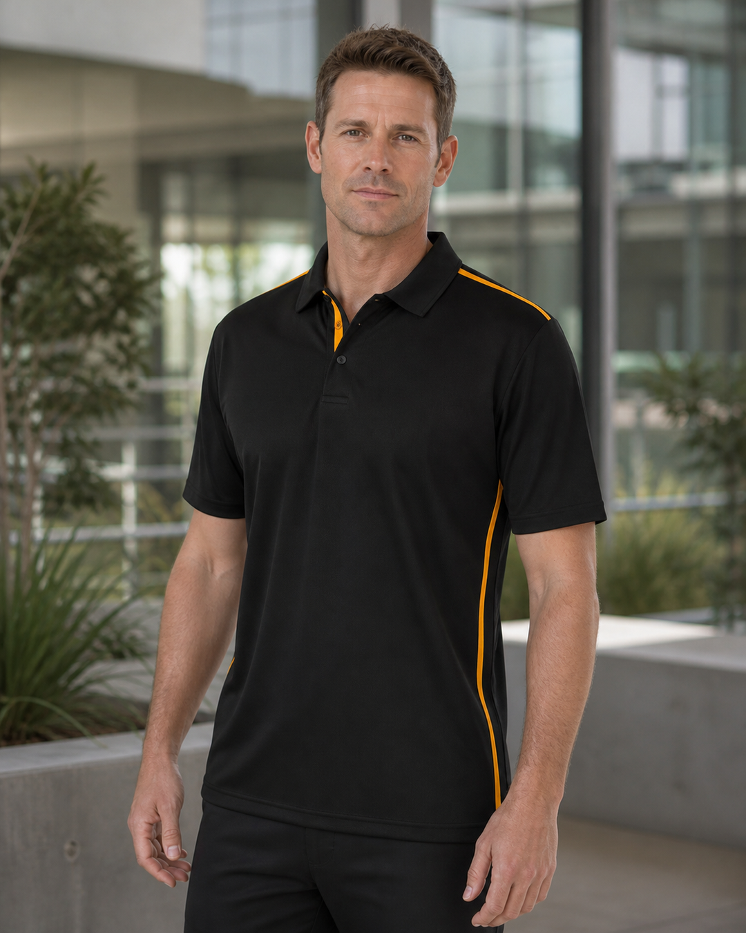 Male model wearing black and gold Staten Rapid Cool Polo