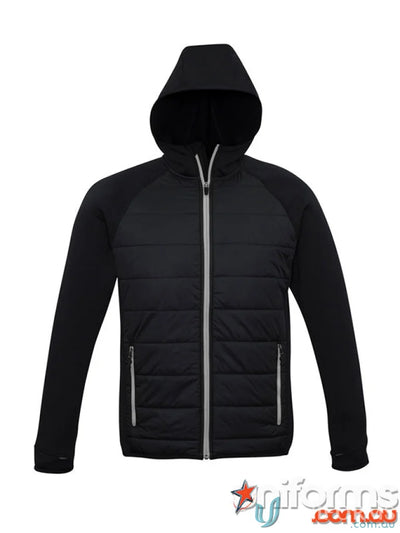 Black hooded puffer jacket from Mens Stealth collection with thumb loops in Stealth Hoodie