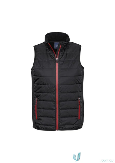 Mens stealth vest with core warm polyfil insulation and black quilted fabric with red zipper