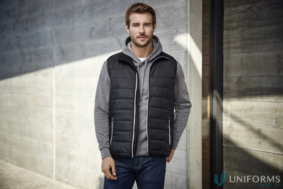 Man wearing a black mens stealth vest from Stealth Vest collection with core warm polyfil insulation