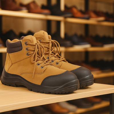Steeler Lace Up Safety Boot with tan suede, resistant toe, black rubber sole