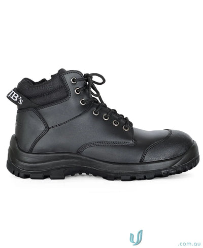 Black leather Steeler Zip Lace Up Safety Boot with tough sole and steel toe for uniforms