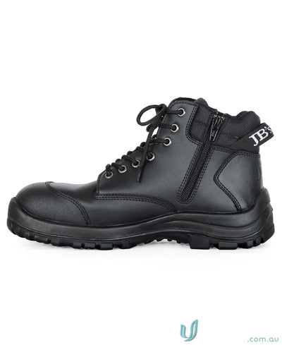 Black leather work boot with tough sole and reinforced toe perfect for uniforms