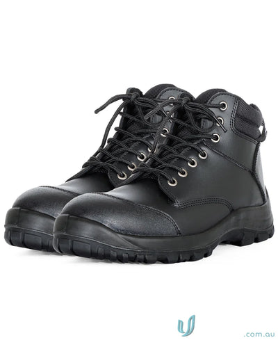 Black leather work boots with rugged sole and steel toe from Steeler Zip Lace Up Safety Boot for uniforms